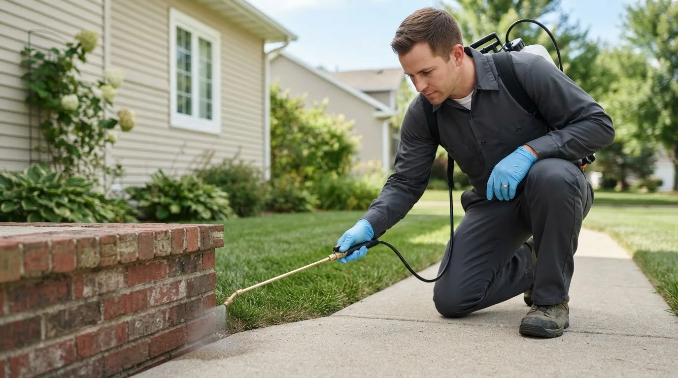 Pest control technician treating a home near Ingomar, MT